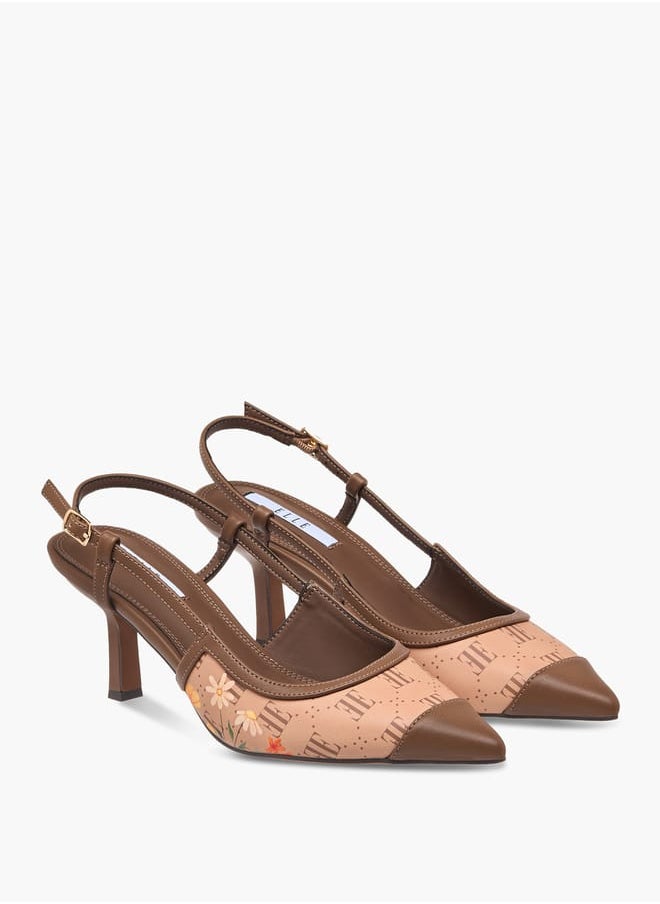 ELLE Women's Logo Print Pointed Toe Sandals with Buckle Closure and Kitten Heels  - Image 1