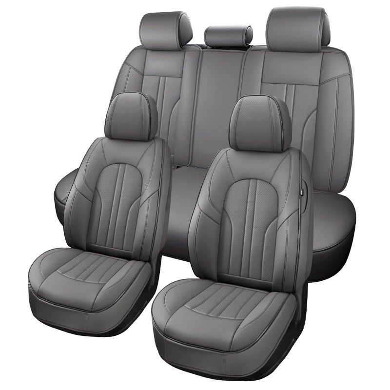 MINGBRON Car Seat Covers Full Set, 5 Seats Comfortable Faux Leather Seat Covers for Cars, Waterproof Automotive Seat Covers, Luxury Universal Fit Seat Covers for SUV, Sedans, Pick-up Trucks (Gray) - Image 1