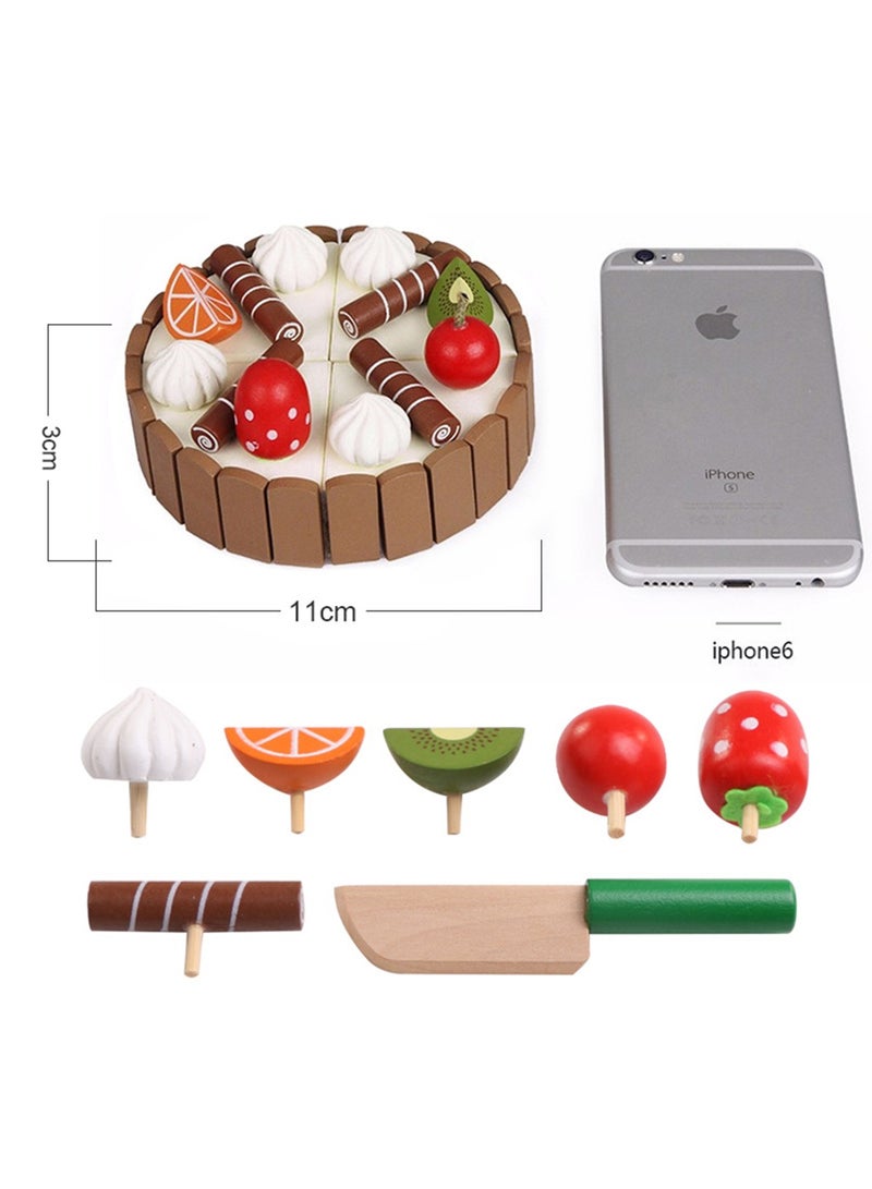 SYOSI Wooden Birthday Cake Toy   Kids Magnetic Dessert Toy with Cutting Knife, Fruit Toppings, Chocolate and Vanilla Swirls Fun Kitchen Pretend Play Food Party, Cooking Cutter Set, Educational Gift - Image 5