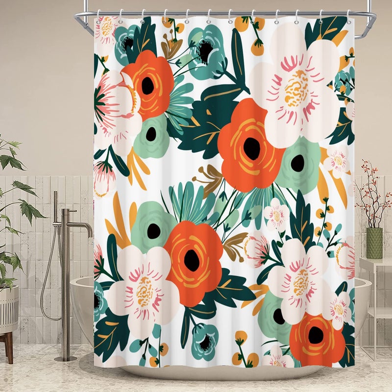 GCIREC Floral Colorful Shower Curtain Orange Red Poppy Flower Green Leaves Boho Plant Abstract Bathroom Curtain for Bathtub Home Decor Waterproof Fabric Machine Washable with Hooks72 Wx72 L