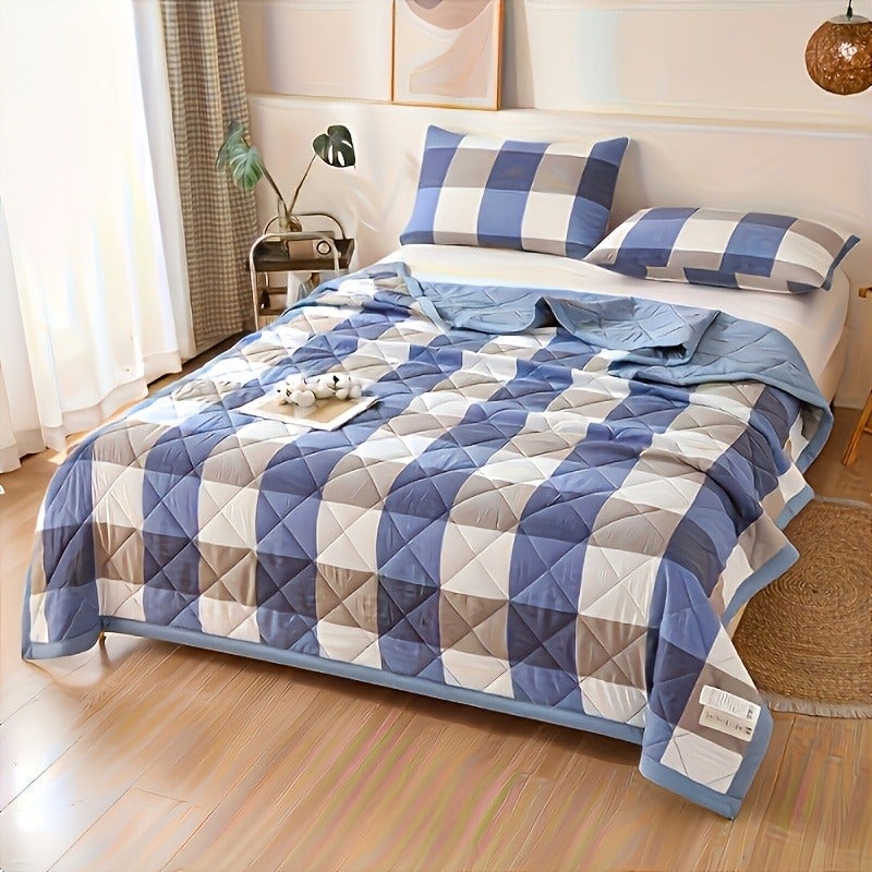 1pc, Super Soft Summer Quilt, Plaid Striped Pattern, Ultrasonic Technology Embossed Air Conditioner Quilt, Machine Washable, Water Washable, Suitable for Bedroom Guest Room And Other Scenarios - Image 4