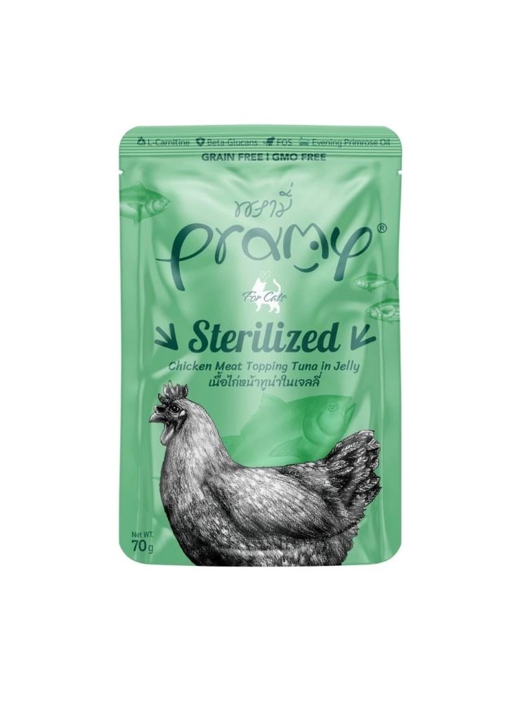 Pramy Chicken and Tuna in Jelly Wet Food for Sterilized Cats 70 g Pramy Pouches - Carton 12 Pcs 