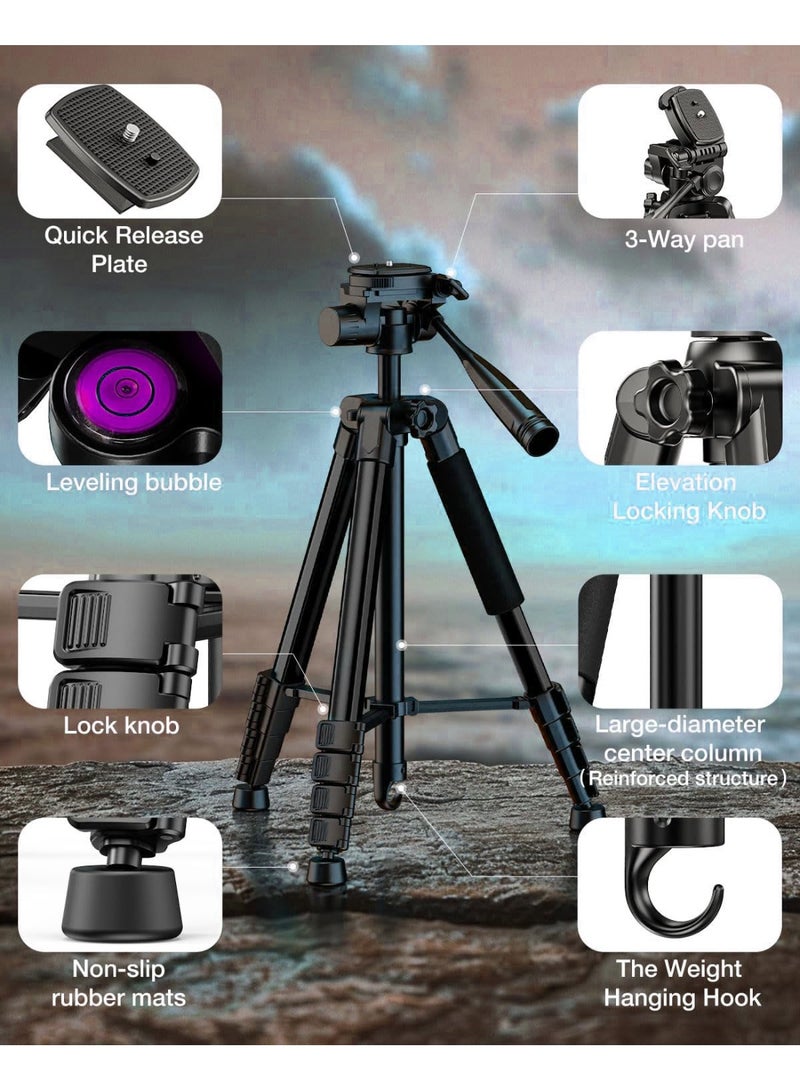 Eesyy 168cm Phone & Camera Tripod, Lightweight Aluminum Tripod Stand with 360° Panorama Shooting, Remote Control & Travel Bag, Fits DSLR, Smartphone, Projector, Spotting Scop - Image 2