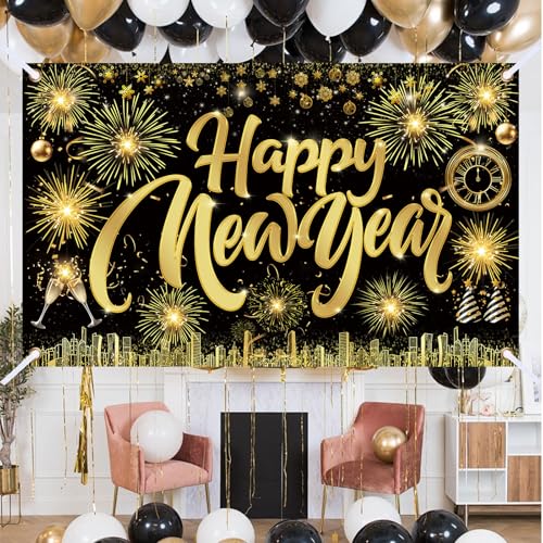 Famoby Happy New Year Fabric Sign Poster Banner Backdrop with Pattern Firework Champagne for Photo Booth Background New Year Party Decorations Supplies - Image 5