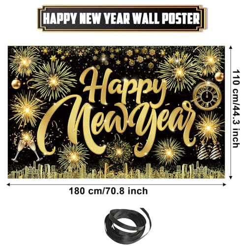 Famoby Happy New Year Fabric Sign Poster Banner Backdrop with Pattern Firework Champagne for Photo Booth Background New Year Party Decorations Supplies - Image 2