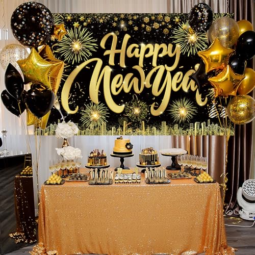 Famoby Happy New Year Fabric Sign Poster Banner Backdrop with Pattern Firework Champagne for Photo Booth Background New Year Party Decorations Supplies - Image 4