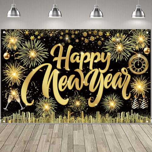 Famoby Happy New Year Fabric Sign Poster Banner Backdrop with Pattern Firework Champagne for Photo Booth Background New Year Party Decorations Supplies - Image 1
