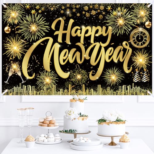 Famoby Happy New Year Fabric Sign Poster Banner Backdrop with Pattern Firework Champagne for Photo Booth Background New Year Party Decorations Supplies - Image 3