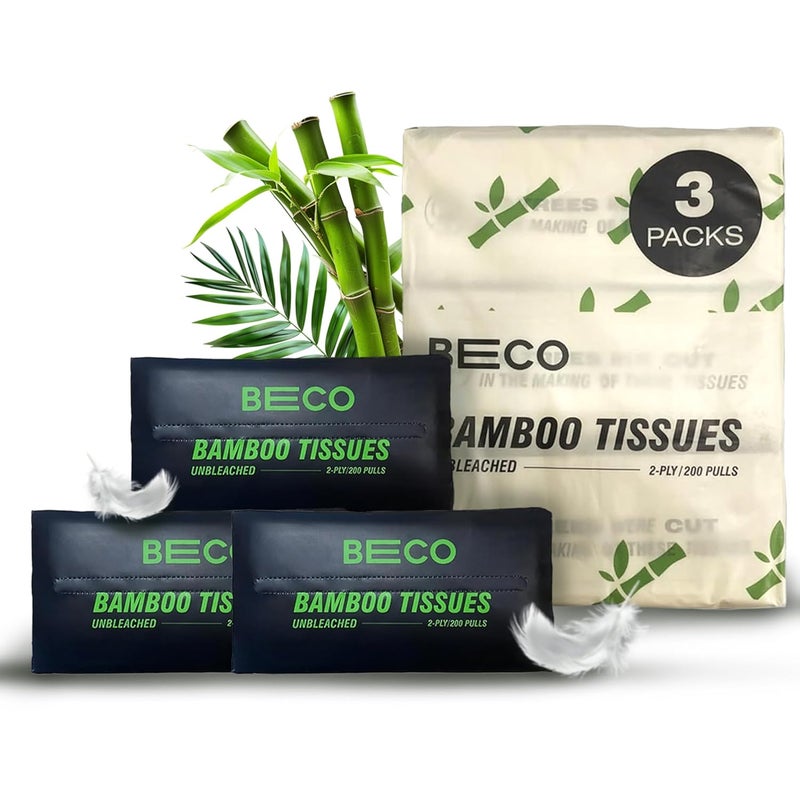 BECO Bamboo Facial Tissue Paper Box-Soft Pack | 200 pulls x 3 packs | Super Soft, Skin Friendly & Highly Absorbent Face Tissue Napkins | Car Tissues | 100% Natural & Ecofriendly | 2 ply-600 Pulls - Image 2