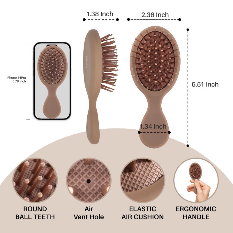 RHOS Mini Hair Brush for Women,Men and Kids-Travel Size Hair Brush for Purse,Pocket,backpack-Small Cushion Paddle Brush with Soft Bristles-Mini Detangler Brush for All Hair Types(1 Pack-Mocha) - Image 2