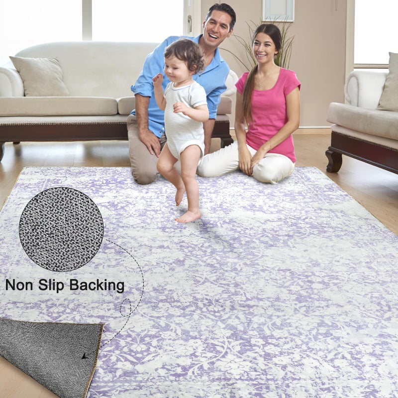 DUKINO Washable Area Rug 5x7, Boho Low-Pile Rugs for Living Room, Non Slip Rubber Backing Girls Rugs, Soft Vintage Nursery Rug for Living Room, Bedroom, Dining Room, Dorm Room, Office, Purple - Image 4