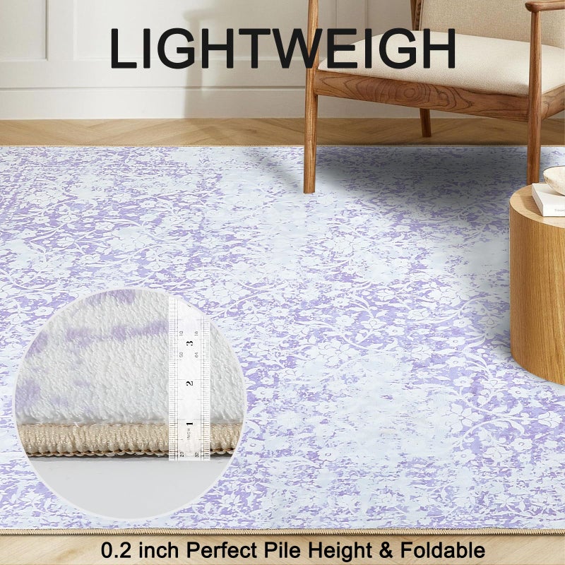 DUKINO Washable Area Rug 5x7, Boho Low-Pile Rugs for Living Room, Non Slip Rubber Backing Girls Rugs, Soft Vintage Nursery Rug for Living Room, Bedroom, Dining Room, Dorm Room, Office, Purple - Image 5