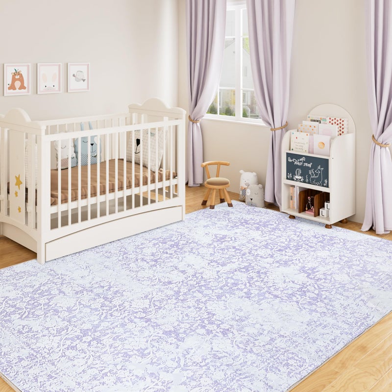 DUKINO Washable Area Rug 5x7, Boho Low-Pile Rugs for Living Room, Non Slip Rubber Backing Girls Rugs, Soft Vintage Nursery Rug for Living Room, Bedroom, Dining Room, Dorm Room, Office, Purple - Image 1