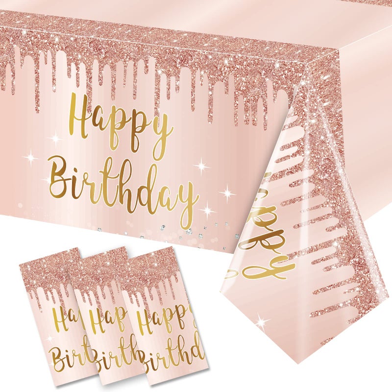 3 Pcs Pink Rose Gold Happy Birthday Tablecloth Decorations for Women Happy Birthday Table Cover Party Supplies 16th 21st 30th 40th 50th Birthday Plastic Disposable Rectangular Table Cloth Decor