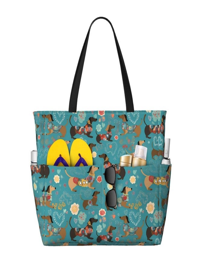 Mount Hour Colorful Dachshund Large Beach Tote Bag with Zipper, Floral Pool Gym Bags for Women Weekender Travel - Image 1