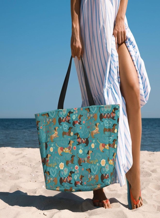 Mount Hour Colorful Dachshund Large Beach Tote Bag with Zipper, Floral Pool Gym Bags for Women Weekender Travel - Image 4