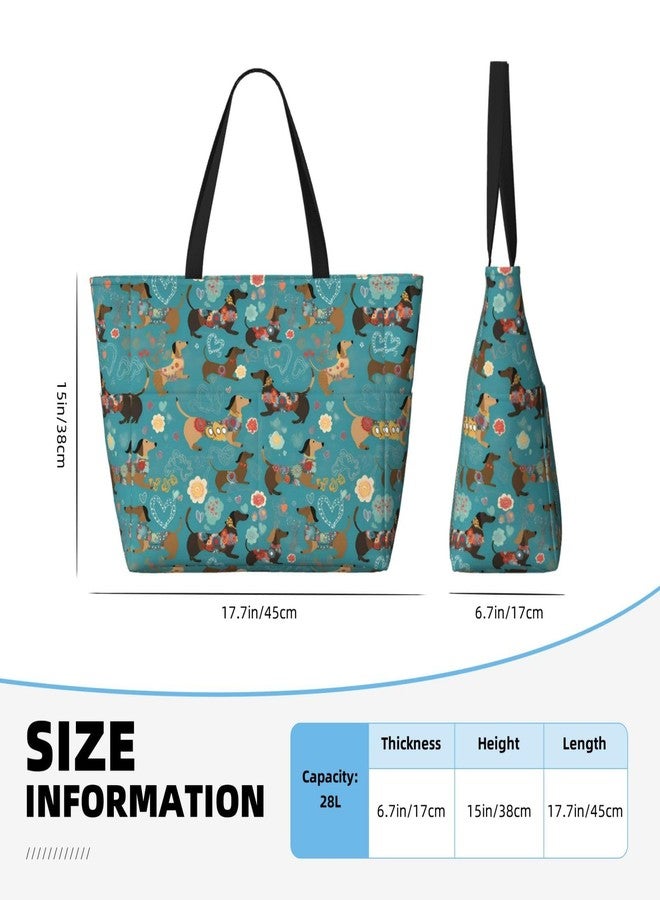 Mount Hour Colorful Dachshund Large Beach Tote Bag with Zipper, Floral Pool Gym Bags for Women Weekender Travel - Image 3