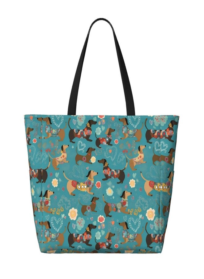 Mount Hour Colorful Dachshund Large Beach Tote Bag with Zipper, Floral Pool Gym Bags for Women Weekender Travel - Image 5