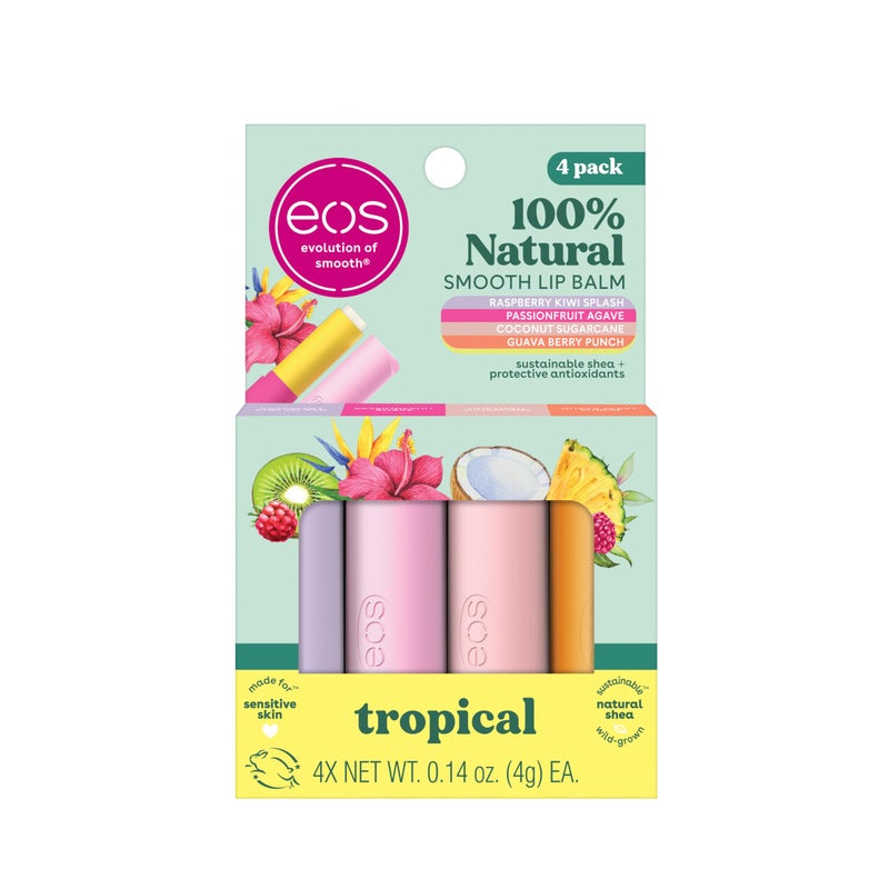 eos 100 Natural Lip Balms  Raspberry Kiwi Splash Passionfruit Agave Coconut Sugarcane  Guava Berry Punch AllDay Moisture Lip Care 014 oz 4Pack