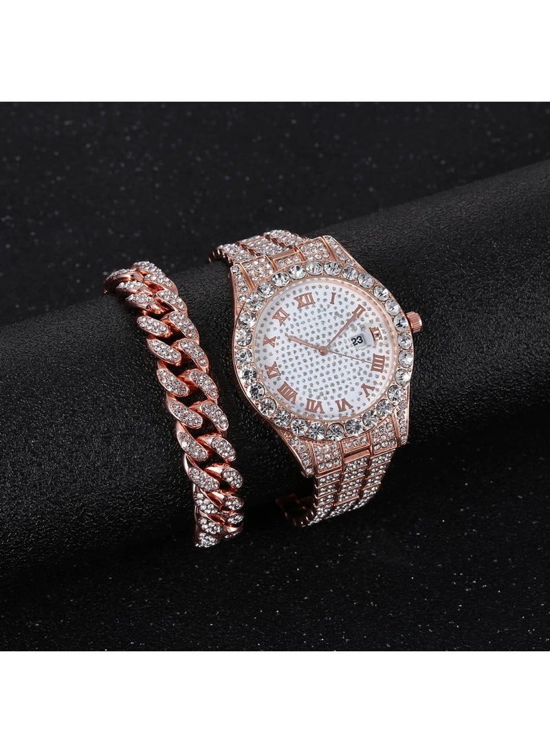 Hip Hop Fashion Chain Watch  Bracelet Set Rose gold suit