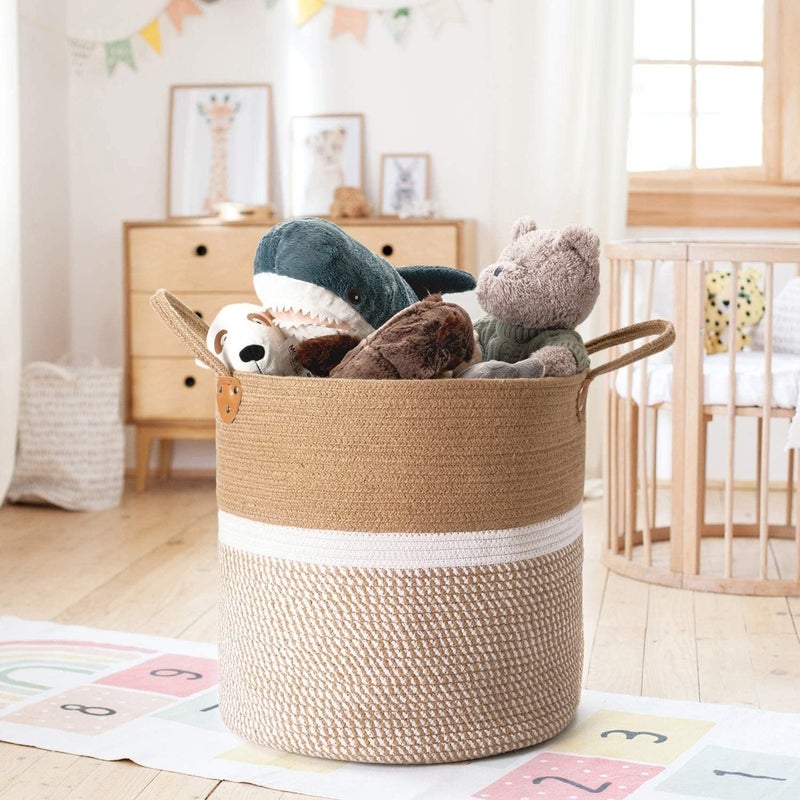 HASBY®Jute Cotton Laundry Basket, 16 inch Handcrafted Storage Bag for Home, Multi-Purpose Storage with Handle for Living Room Bathroom Laundry & Toys (Black) - Image 2