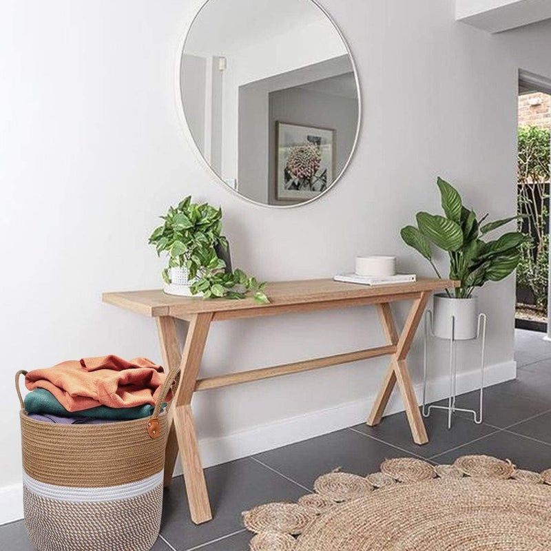 HASBY®Jute Cotton Laundry Basket, 16 inch Handcrafted Storage Bag for Home, Multi-Purpose Storage with Handle for Living Room Bathroom Laundry & Toys (Black) - Image 4