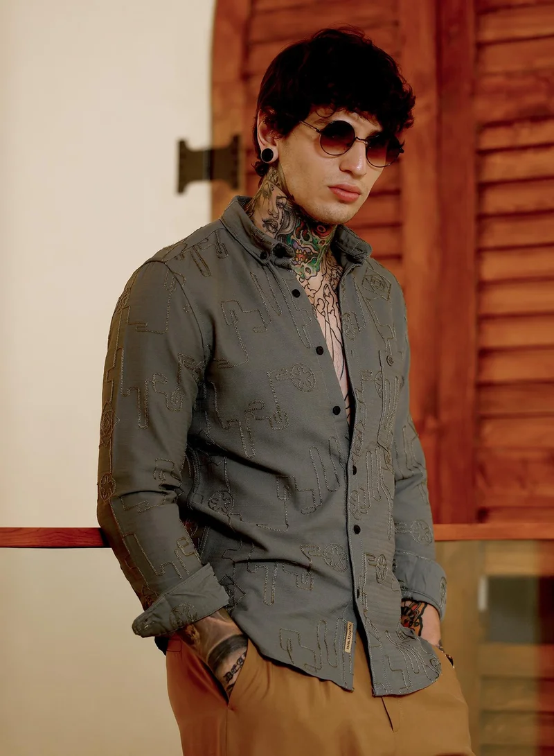 كامبوس سوترا Men Embroidered One-Lined Shirt | Button-Down Collar Long Cuffed Sleeves | Button Closure Curved Hem | Abstract Embroiderd | Woven Fabric For Casual & Party Wear | Olive Green