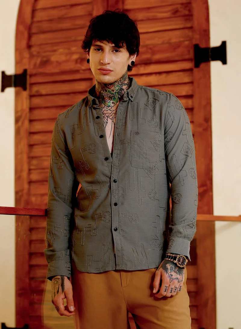 كامبوس سوترا Men Embroidered One-Lined Shirt | Button-Down Collar Long Cuffed Sleeves | Button Closure Curved Hem | Abstract Embroiderd | Woven Fabric For Casual & Party Wear | Olive Green