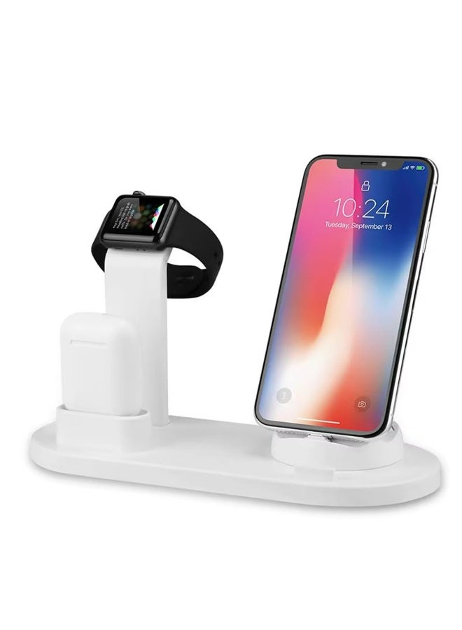 محطة شحن ثلاثية في واحدة لـ Apple Watch والسماعات – قاعدة شحن سريع مع تنظيم الكابلات، بقدرة 10 واط، حماية من الشحن الزائد، متوافقة مع iPhone/Micro USB/Type-C (لون أبيض) - Image 1