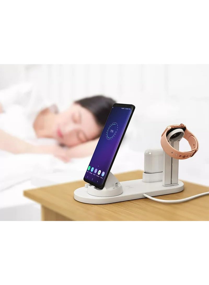 محطة شحن ثلاثية في واحدة لـ Apple Watch والسماعات – قاعدة شحن سريع مع تنظيم الكابلات، بقدرة 10 واط، حماية من الشحن الزائد، متوافقة مع iPhone/Micro USB/Type-C (لون أبيض) - Image 2