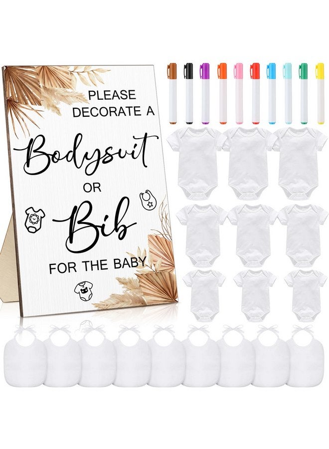 Roowest 35 Pcs Baby Shower Games Baby Bibs Design Wooden Baby Shower Game Sign DIY Bodysuit Bib Sign 15 White Blank Baby Feeder Bibs 9 Newborn Bodysuit 10 Marker for Baby Shower Boys Girls (Boho)  - Image 1