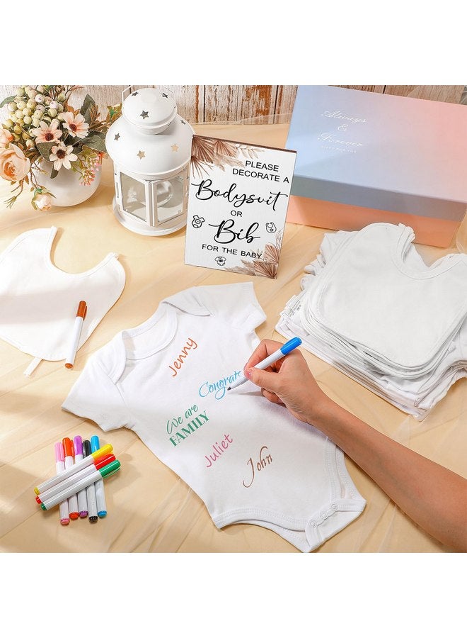 Roowest 35 Pcs Baby Shower Games Baby Bibs Design Wooden Baby Shower Game Sign DIY Bodysuit Bib Sign 15 White Blank Baby Feeder Bibs 9 Newborn Bodysuit 10 Marker for Baby Shower Boys Girls (Boho)  - Image 5