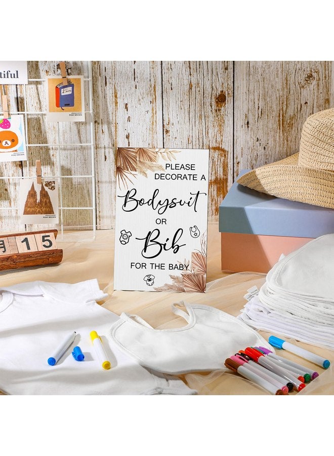 Roowest 35 Pcs Baby Shower Games Baby Bibs Design Wooden Baby Shower Game Sign DIY Bodysuit Bib Sign 15 White Blank Baby Feeder Bibs 9 Newborn Bodysuit 10 Marker for Baby Shower Boys Girls (Boho)  - Image 4