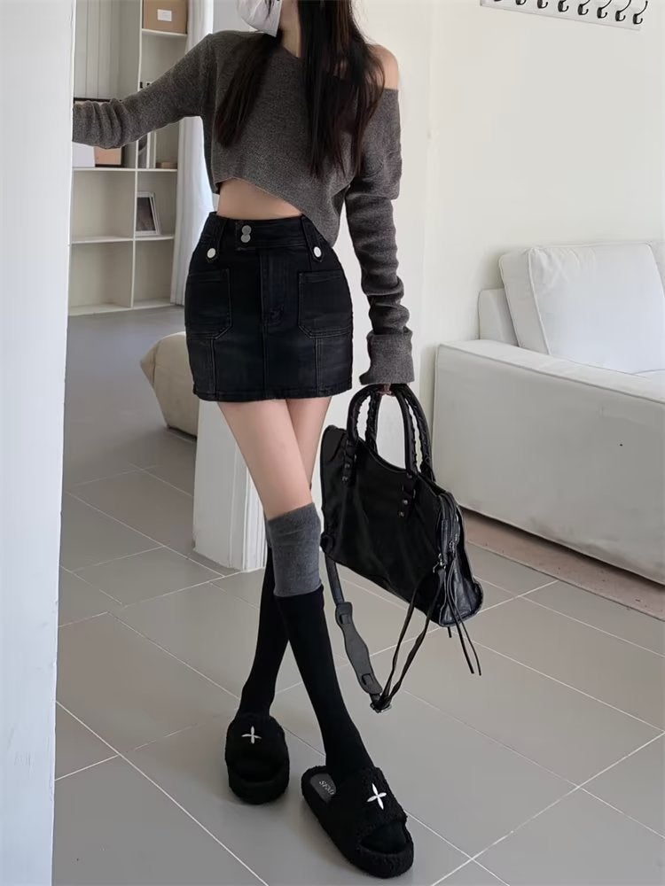 American Style Girl Retro High Waist Denim A- Line Short Skirt High Waist Slim-Fit Slimming Fashionable Design Sense Large Size Hip Skirt - Image 2