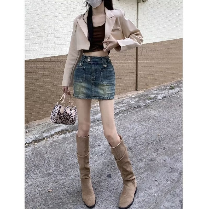American Style Girl Retro High Waist Denim A- Line Short Skirt High Waist Slim-Fit Slimming Fashionable Design Sense Large Size Hip Skirt - Image 3