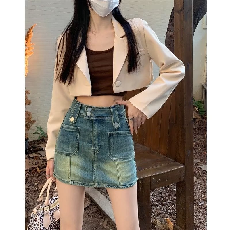 American Style Girl Retro High Waist Denim A- Line Short Skirt High Waist Slim-Fit Slimming Fashionable Design Sense Large Size Hip Skirt - Image 4
