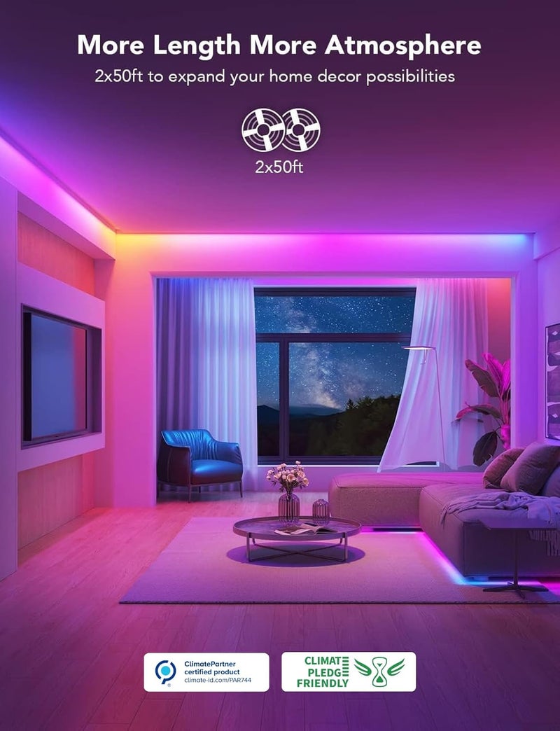 Govee 100ft RGBIC LED Strip Lights - Smart LED Lights with Alexa & Google Assistant, WiFi App Control, Color Changing & Music Sync - Image 2
