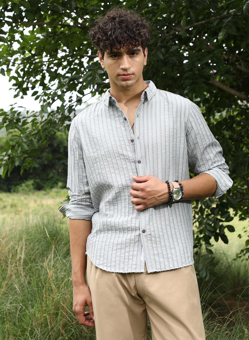 Campus Sutra Campus Sutra Men's Cloud Grey Edgy-Stripe Jacquard Shirt | Spread Collar , Long Sleeve Cuffed Sleeves , Button Closure | Stripes Jacquard | Cotton-Blend Shirt For Casual Wear - Image 2
