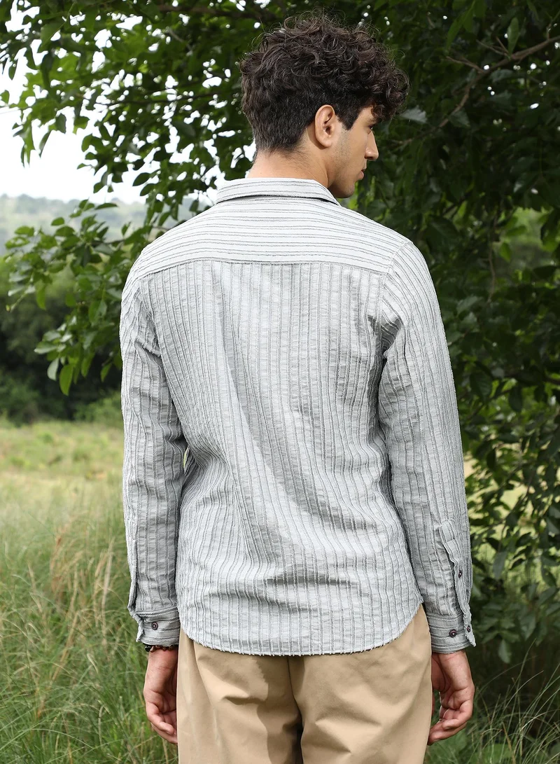 Campus Sutra Campus Sutra Men's Cloud Grey Edgy-Stripe Jacquard Shirt | Spread Collar , Long Sleeve Cuffed Sleeves , Button Closure | Stripes Jacquard | Cotton-Blend Shirt For Casual Wear