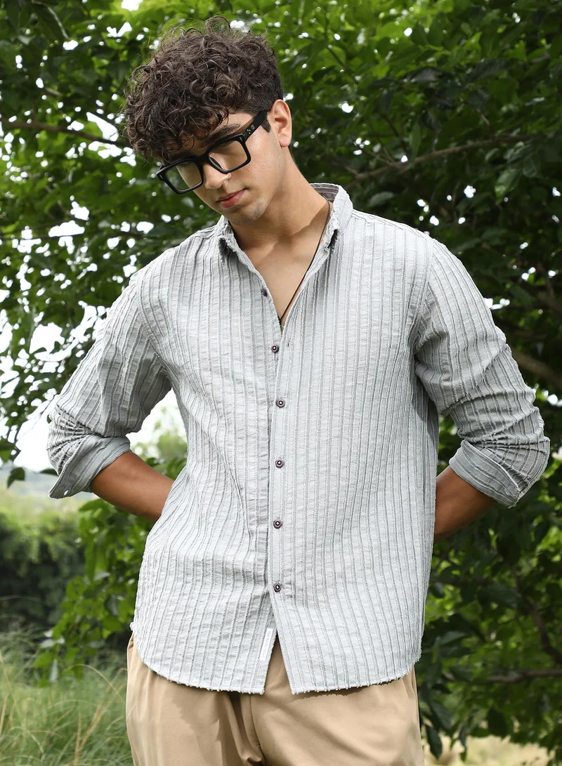 كامبوس سوترا Campus Sutra Men's Cloud Grey Edgy-Stripe Jacquard Shirt | Spread Collar , Long Sleeve Cuffed Sleeves , Button Closure | Stripes Jacquard | Cotton-Blend Shirt For Casual Wear