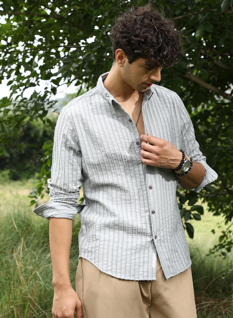 Campus Sutra Campus Sutra Men's Cloud Grey Edgy-Stripe Jacquard Shirt | Spread Collar , Long Sleeve Cuffed Sleeves , Button Closure | Stripes Jacquard | Cotton-Blend Shirt For Casual Wear