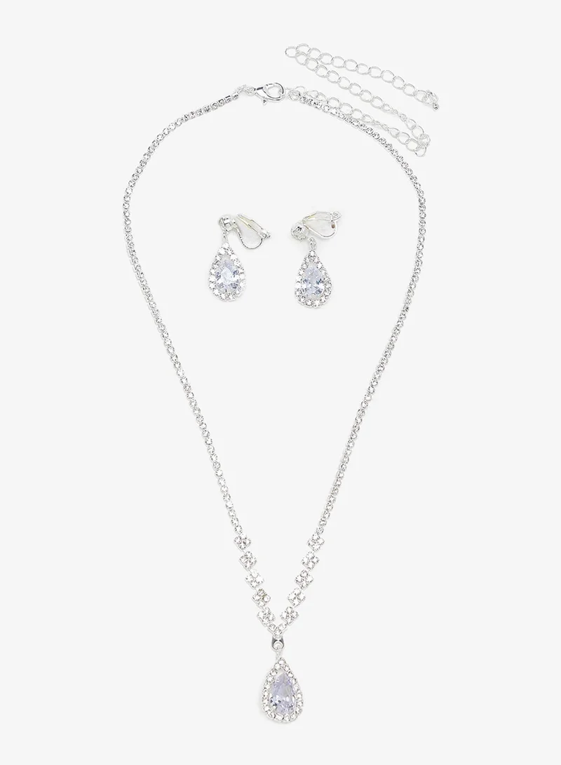 ELLA Silver Diamonte Jewelry Set With Earrings Necklace