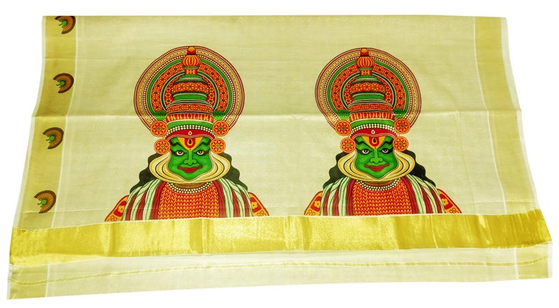 YETTALAN® Women’s Mural Printed Kerala Gold Tissue Saree with Running Blouse (Kathakali) - Image 4