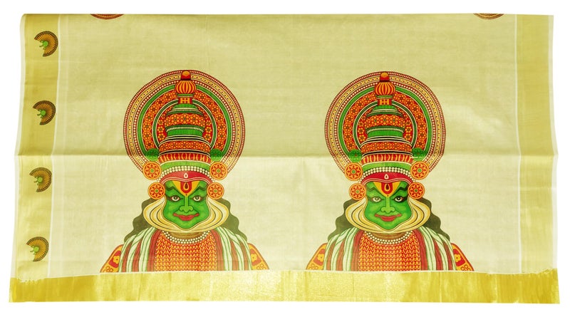 YETTALAN® Women’s Mural Printed Kerala Gold Tissue Saree with Running Blouse (Kathakali) - Image 1