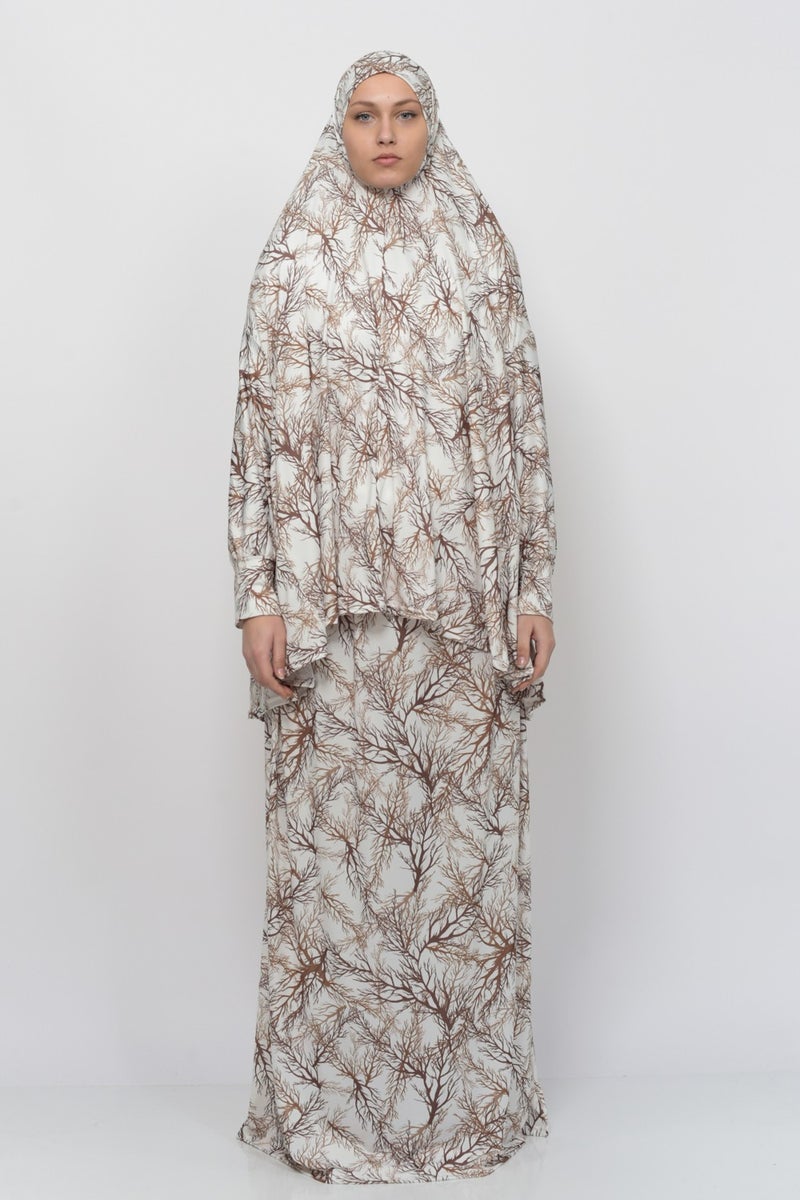 Altobeh Practical Two Piece Tree Patterned Bat Sleeves Lycra Hijab Prayer Dress with Headscarf 992-0706  - Image 1
