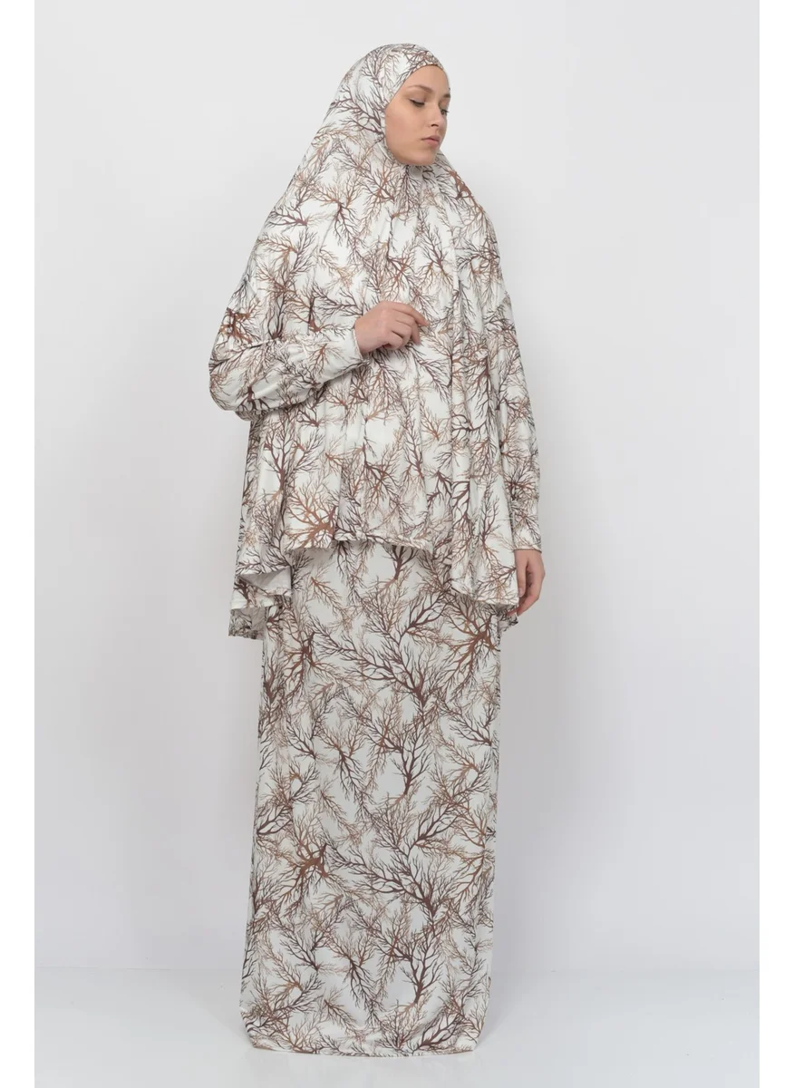 Altobeh Practical Two Piece Tree Patterned Bat Sleeves Lycra Hijab Prayer Dress with Headscarf 992-0706