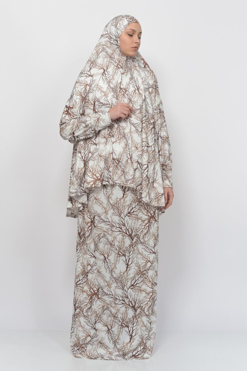 Altobeh Practical Two Piece Tree Patterned Bat Sleeves Lycra Hijab Prayer Dress with Headscarf 992-0706  - Image 4