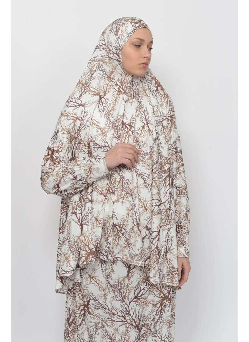 Altobeh Practical Two Piece Tree Patterned Bat Sleeves Lycra Hijab Prayer Dress with Headscarf 992-0706