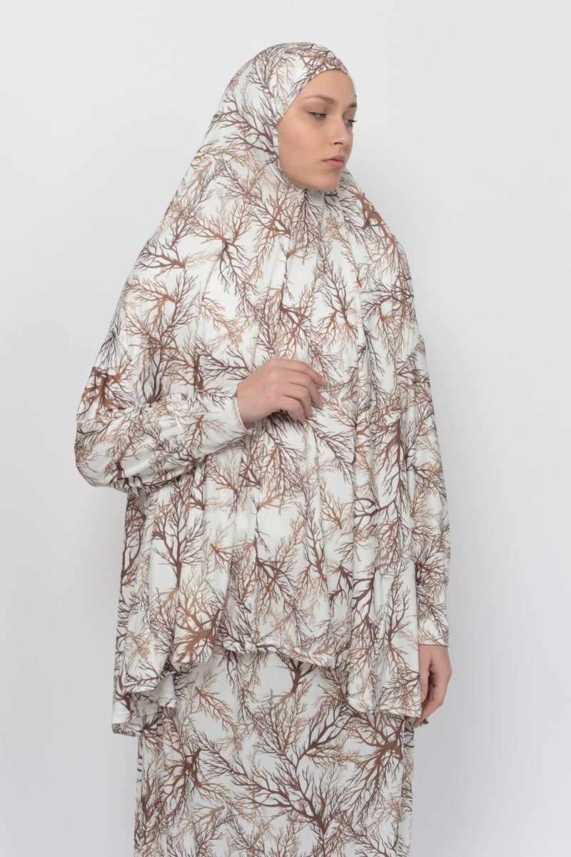 Altobeh Practical Two Piece Tree Patterned Bat Sleeves Lycra Hijab Prayer Dress with Headscarf 992-0706  - Image 5