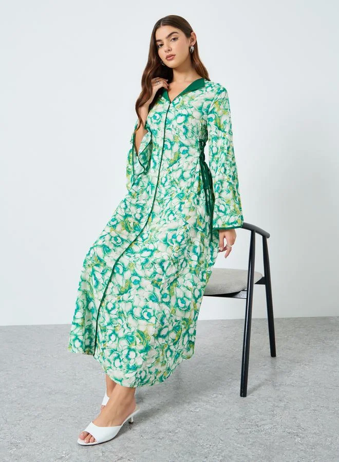 Take Two All-Over Printed V Neck Split Long Sleeve Maxi Dress